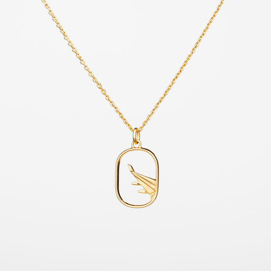 Gold plated airplane window view necklace on a chain