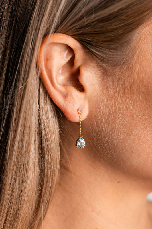 Sky Blue Topaz Pear Shaped dangle earring with a gold chain